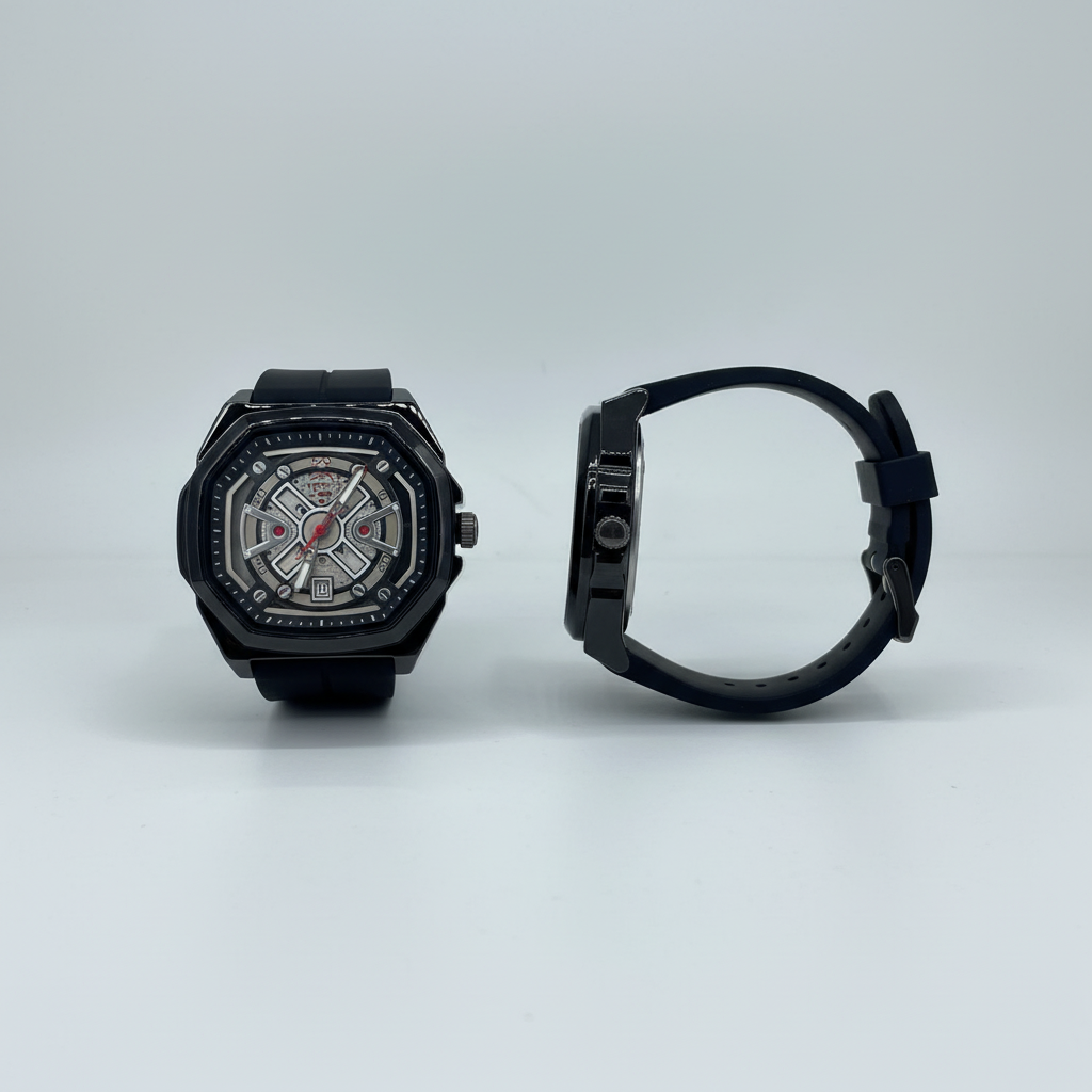 Black strap skeleton-style wristwatch shown from the front and side