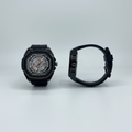 Black strap skeleton-style wristwatch shown from the front and side