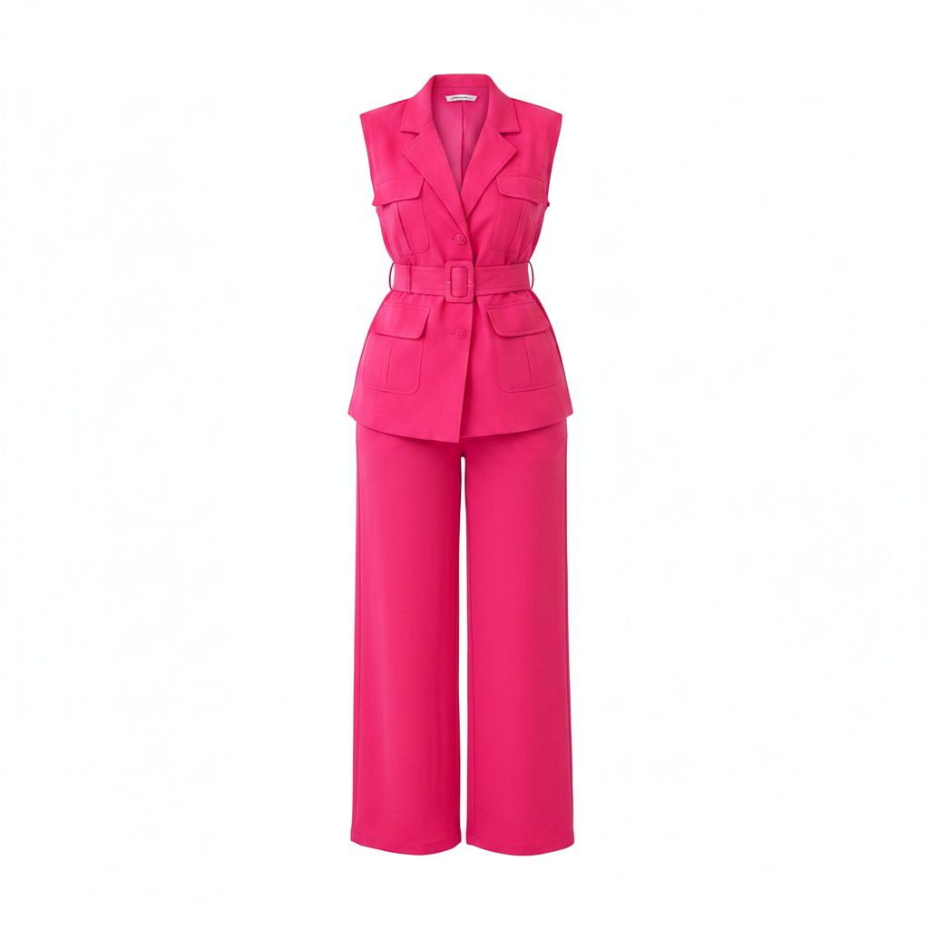 Women's sleeveless belted blazer vest co-ord set in hot pink – ghost mannequin front view