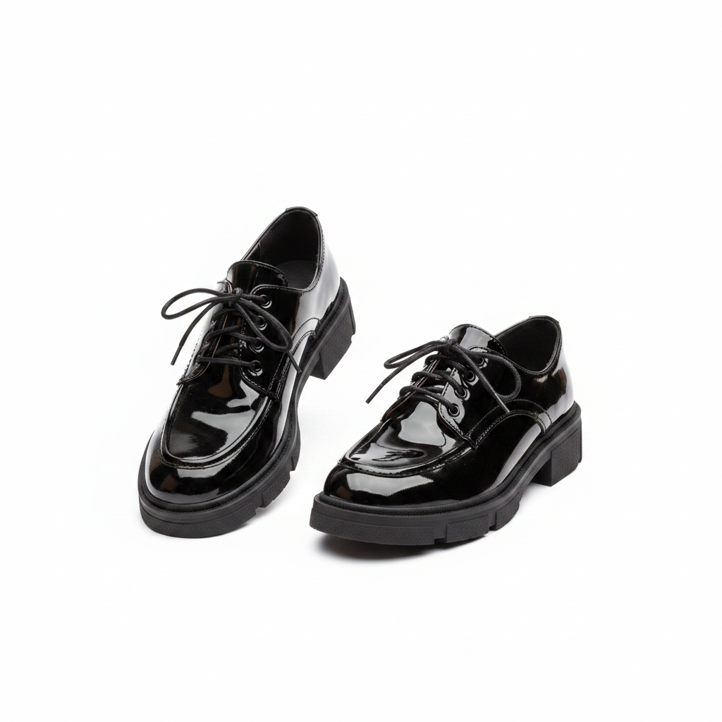 Women's black patent leather lace-up Oxford shoe — ghost mannequin view