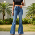 High-Waist Medium Blue Bootcut Flare Jeans - Model Front View