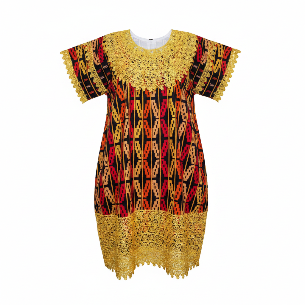 Ghost mannequin of black base African print bubu top with gold crochet lace yoke and wide hem border