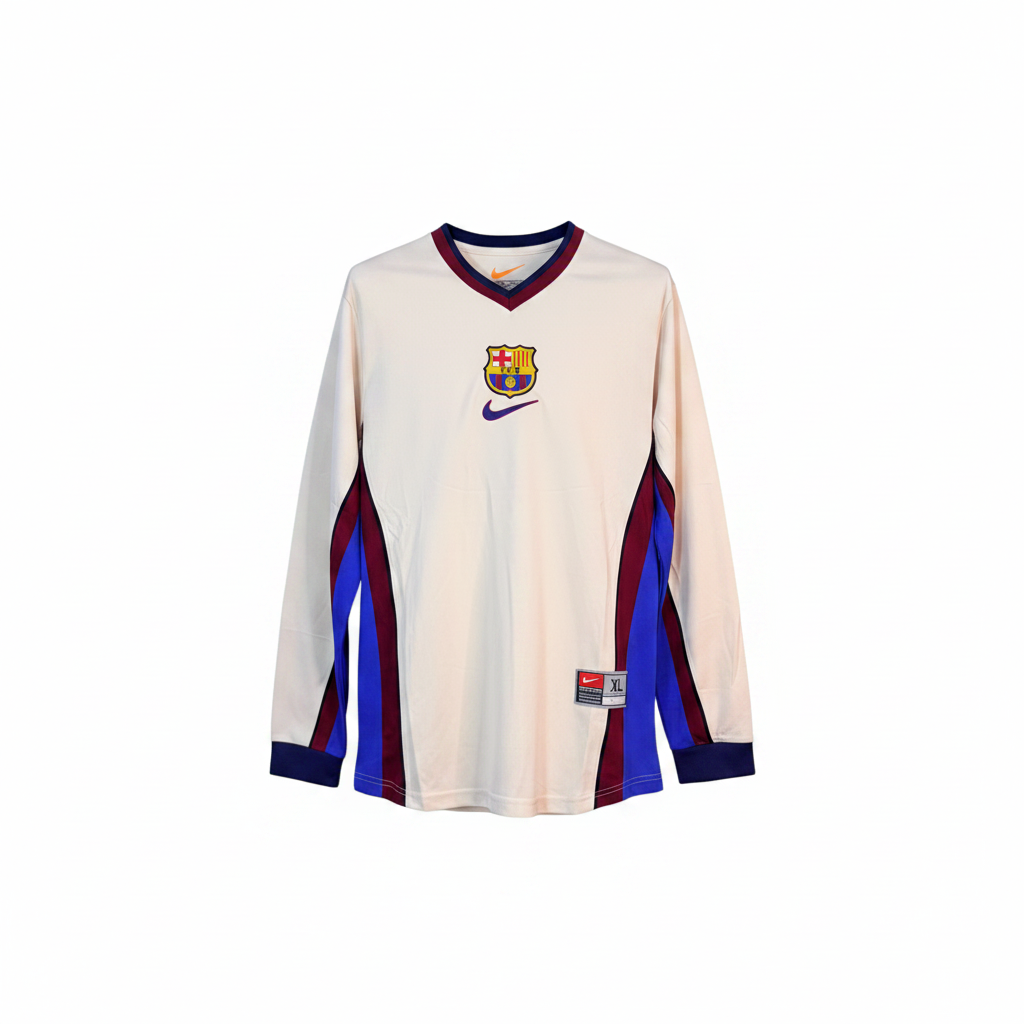 White and maroon blue panel long-sleeve retro football jersey — ghost mannequin front view