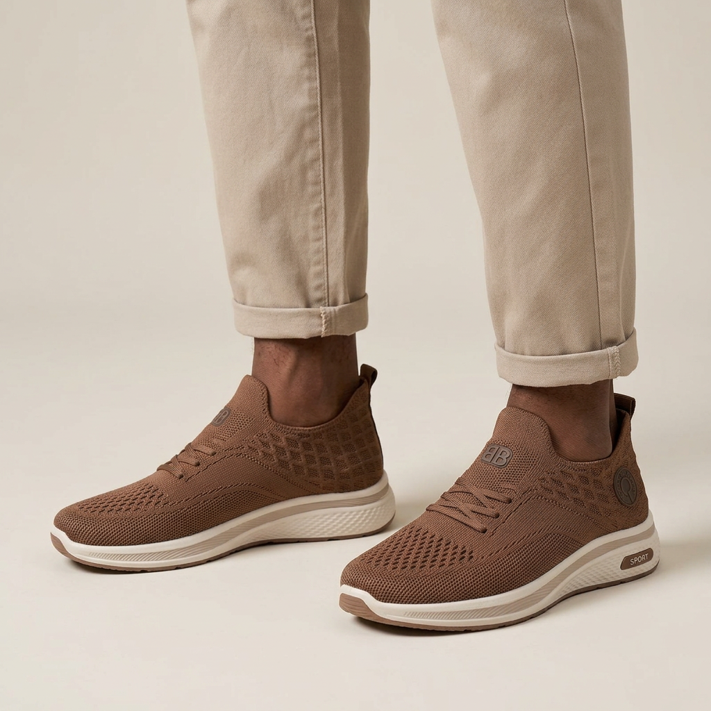 Both brown knit sneakers worn by a Black male model