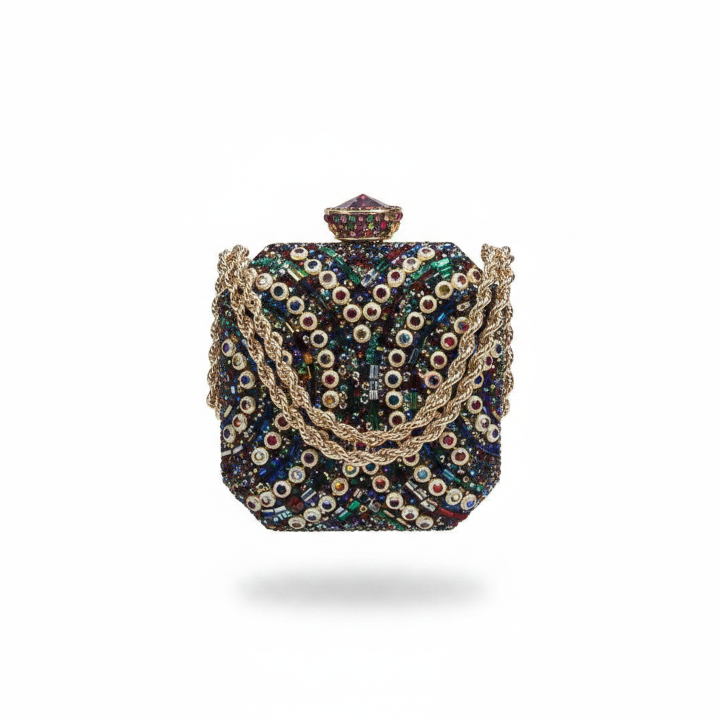 Enemuo Crystal Chain Wave Minaudière in Multicolor – ghost mannequin on white background