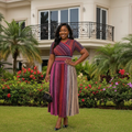 Women's Multicolour Stripe Wrap Bodice Pleated Midi Gown - Nigerian Female Model