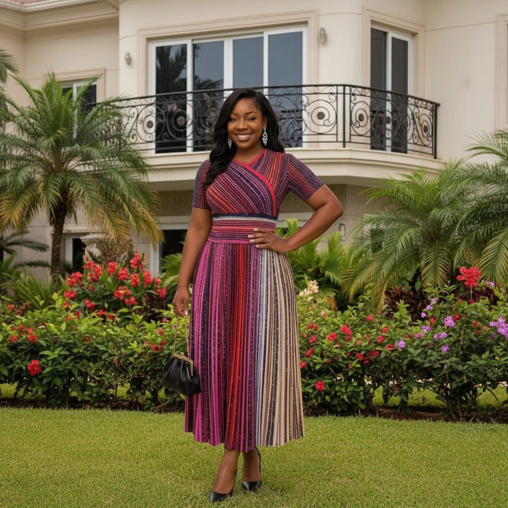 Women's Multicolour Stripe Wrap Bodice Pleated Midi Gown - Nigerian Female Model