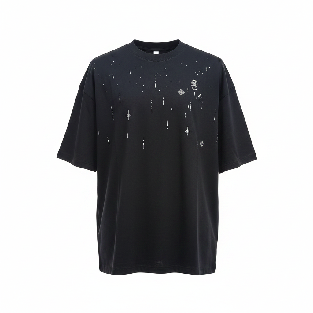 Black Rhinestone Cross Oversized Tee - Ghost Mannequin Front