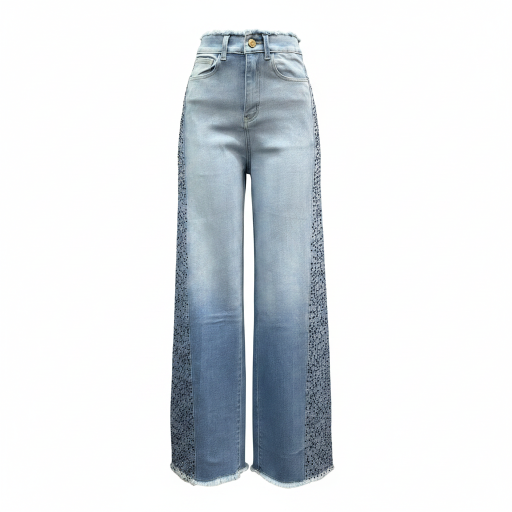 Light Blue Rhinestone Side Panel Wide-Leg Jeans – Ghost Mannequin Front