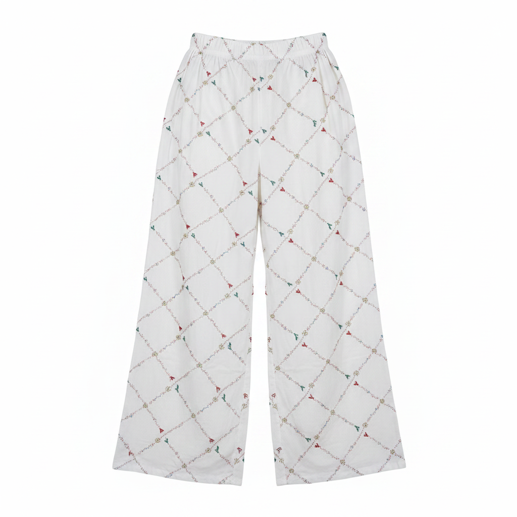 Ghost mannequin — Women's White Embroidered Diamond Wide-Leg Trousers