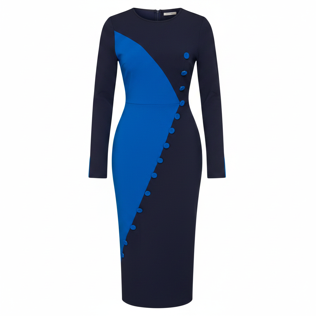 Ghost mannequin view of Women's Navy & Royal Blue Diagonal Colour-Block Bodycon Midi Dress