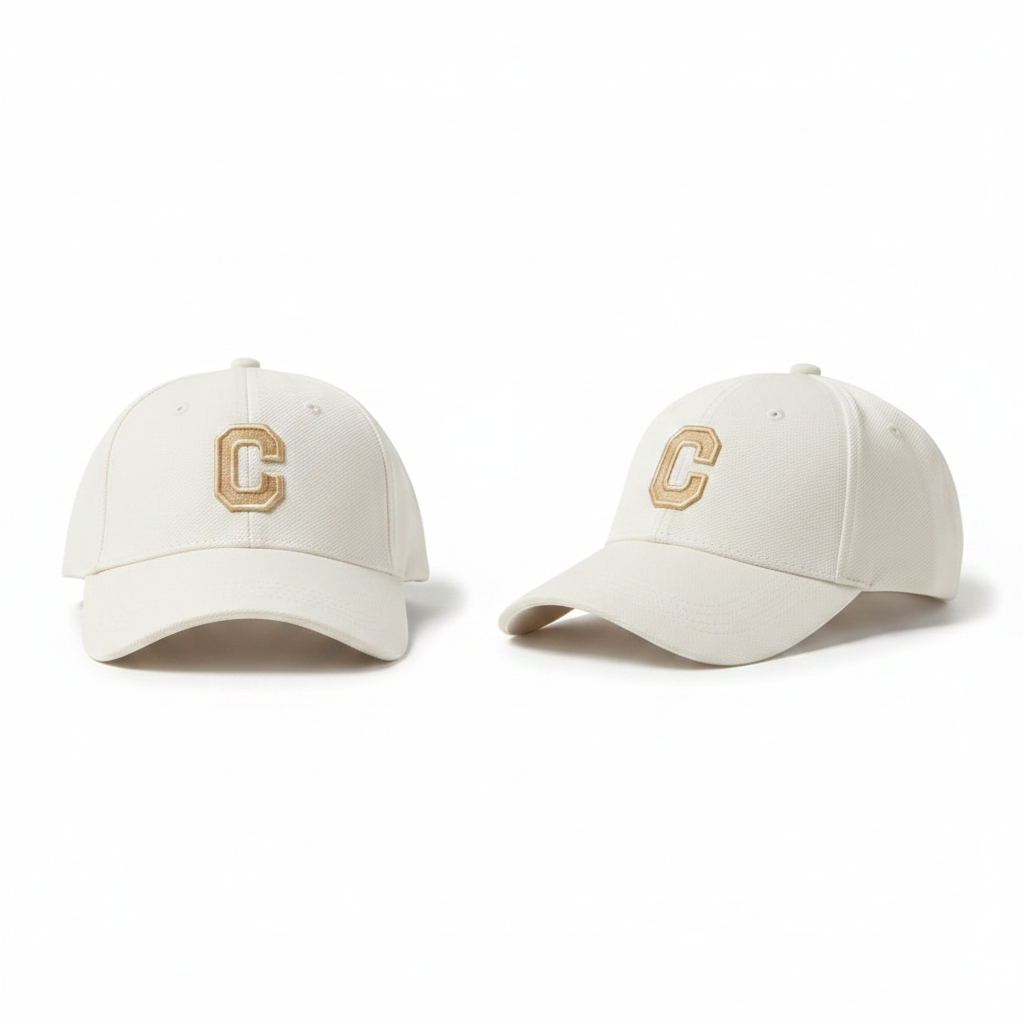 Off-white cream C patch varsity baseball cap product shot front and side view