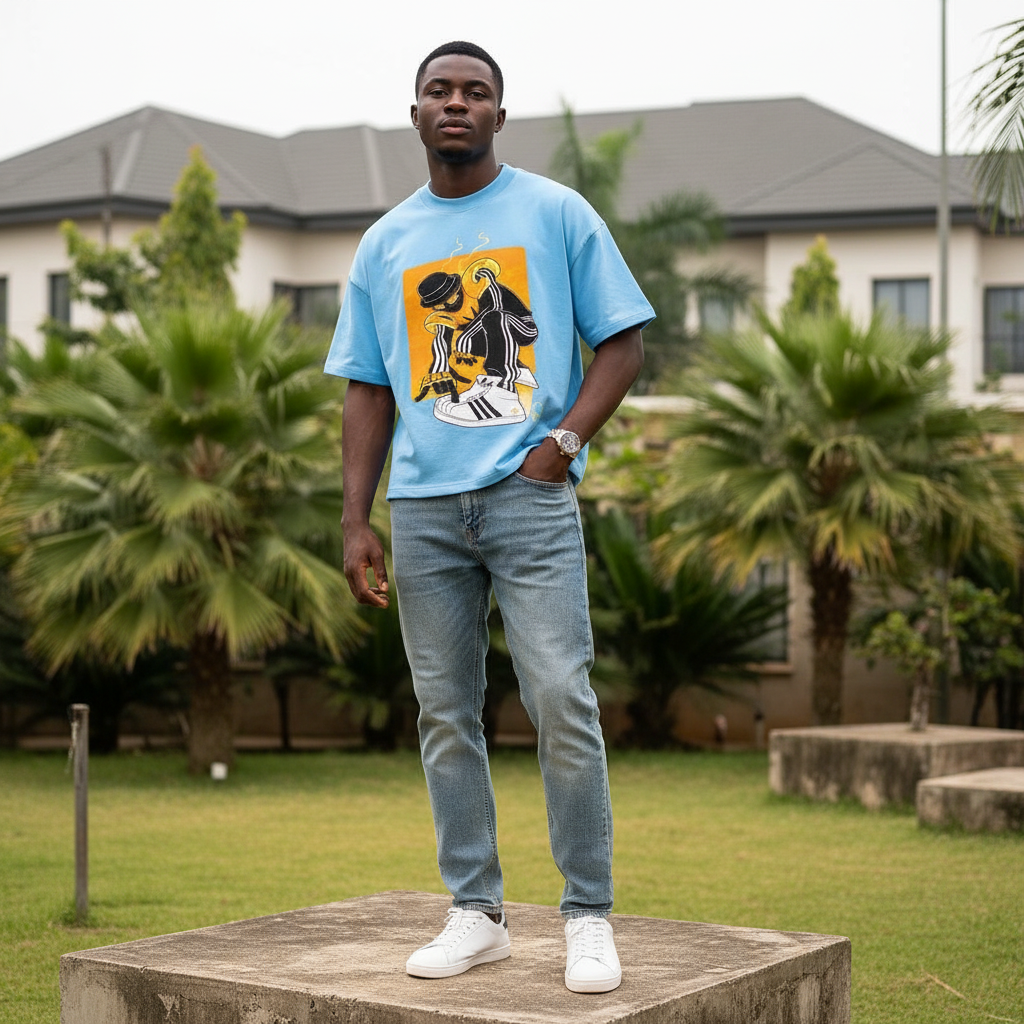 Men's Sky Blue Cropped Oversized Illustrated Graphic T-Shirt – Nigerian Male Model Shot