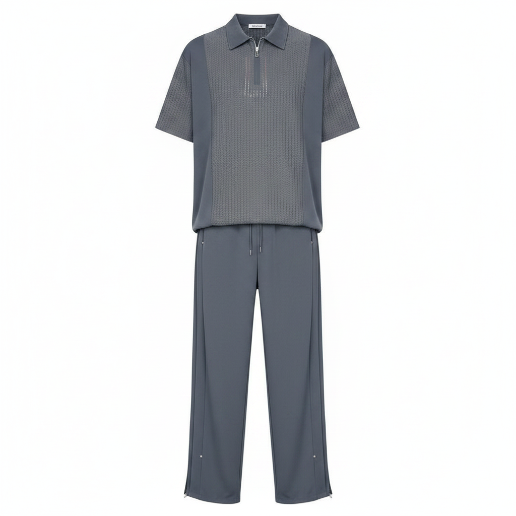 Ghost mannequin slate grey polo and trouser two-piece set