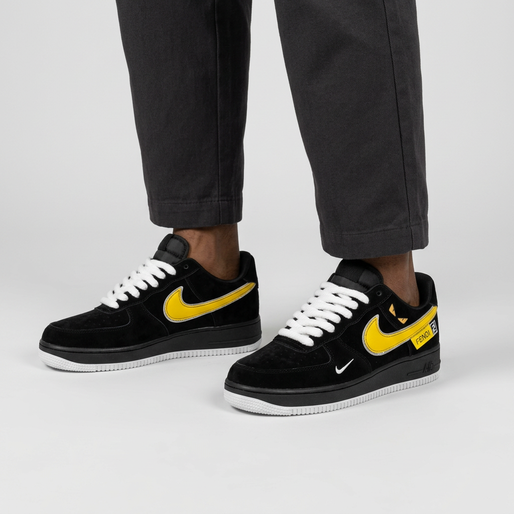 Person wearing black suede low-top sneakers with yellow side logo on a plain studio background