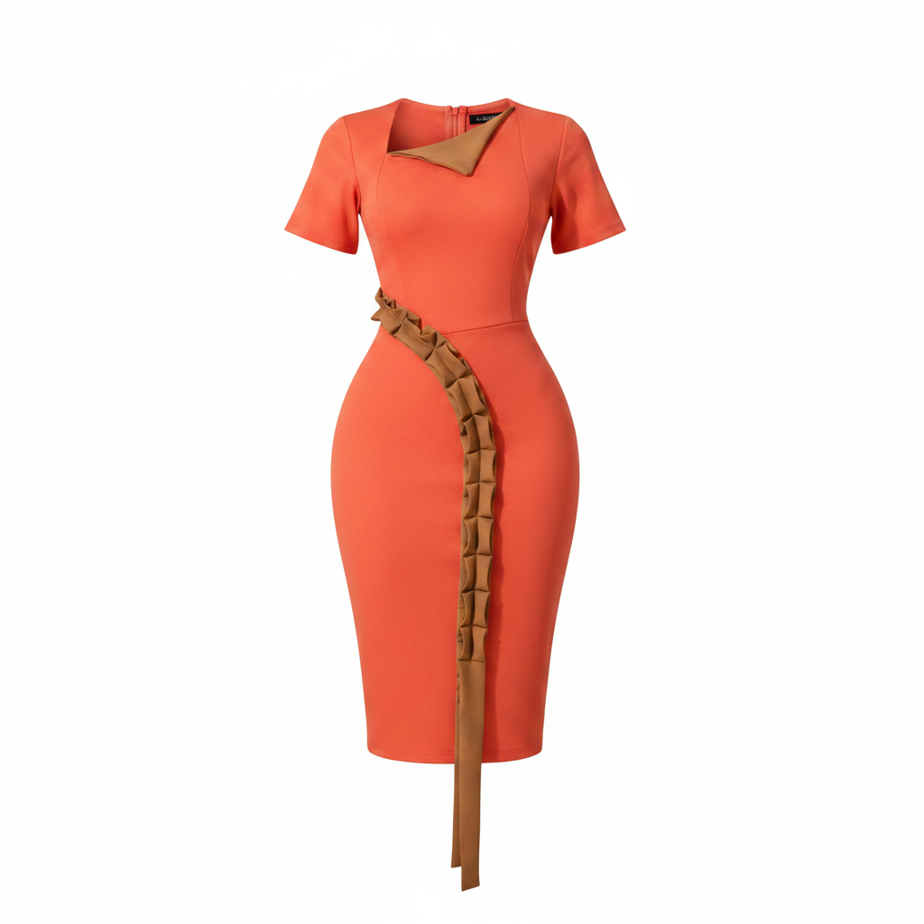 Women's coral lace-up side detail sweetheart fitted midi dress – ghost mannequin front view