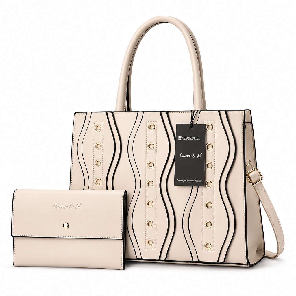 Cream 2-in-1 women's bag and matching pouch on a white background