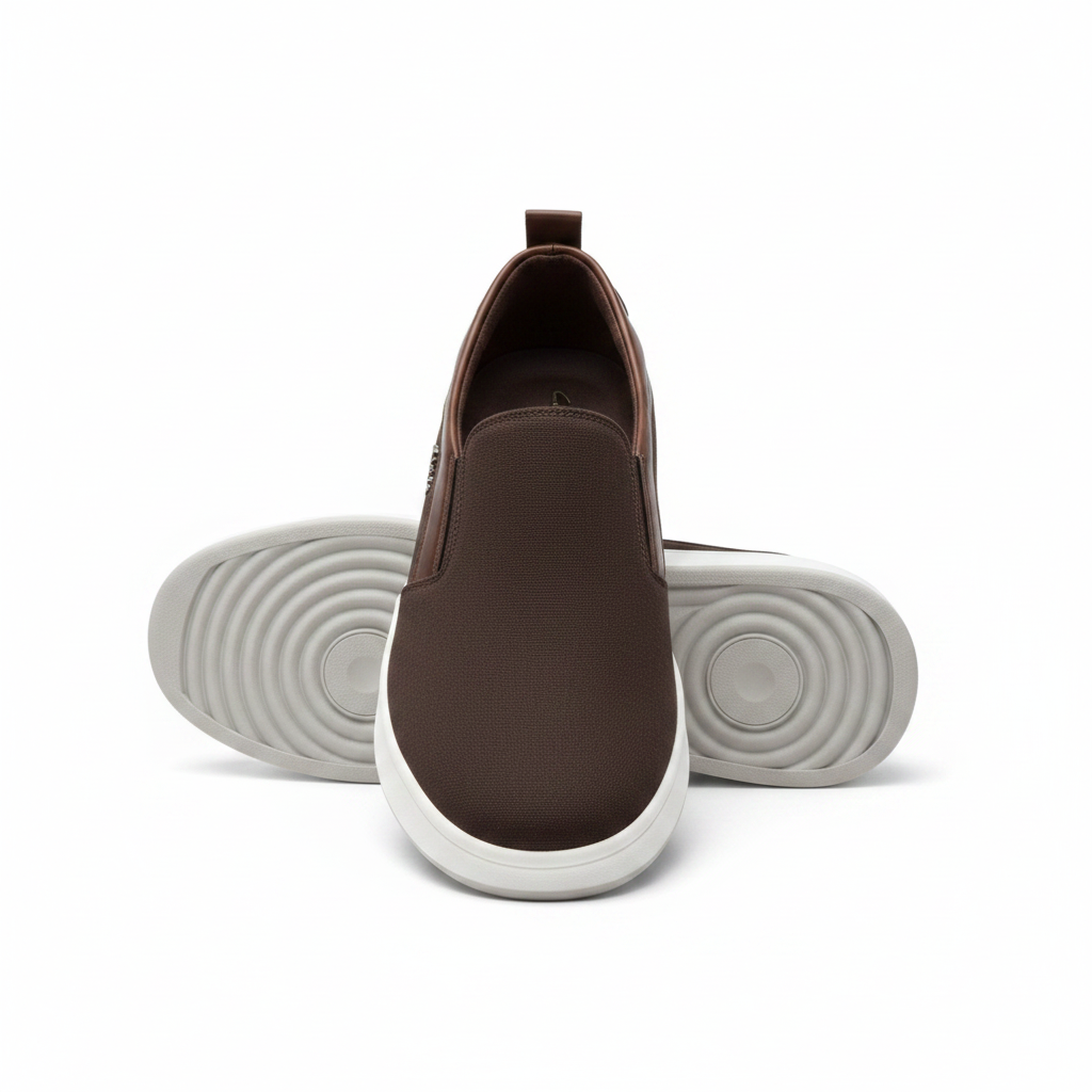 Clarks espresso brown canvas and leather slip-on sneaker dynamic ghost mannequin product shot, plain white background