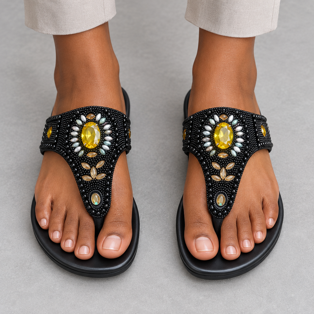Black beaded thong sandals worn with neutral trousers