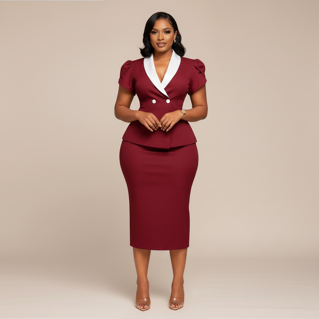 Black Nigerian model wearing the burgundy peplum skirt suit with white collar
