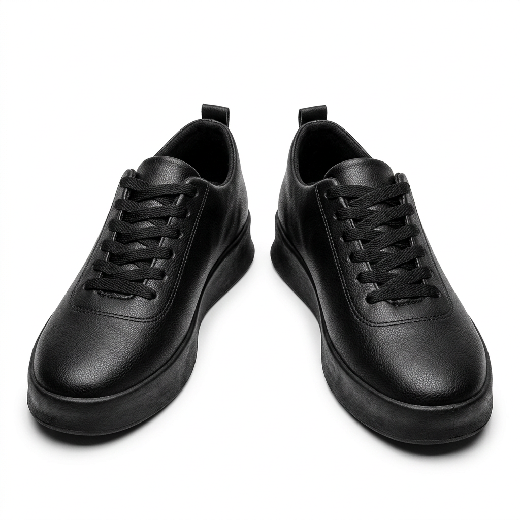 Pair of all-black textured lace-up sneakers on a white background