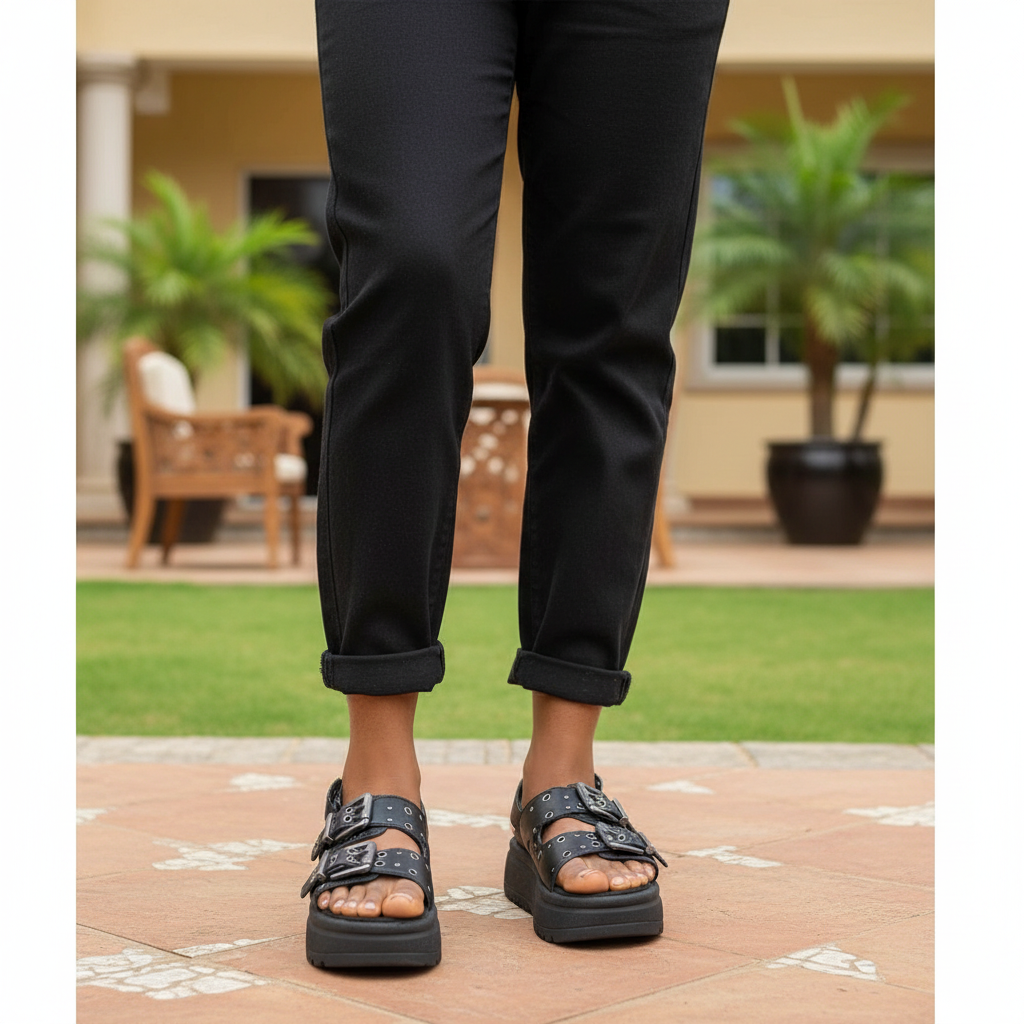 Nigerian female model wearing black double buckle studded platform sandals