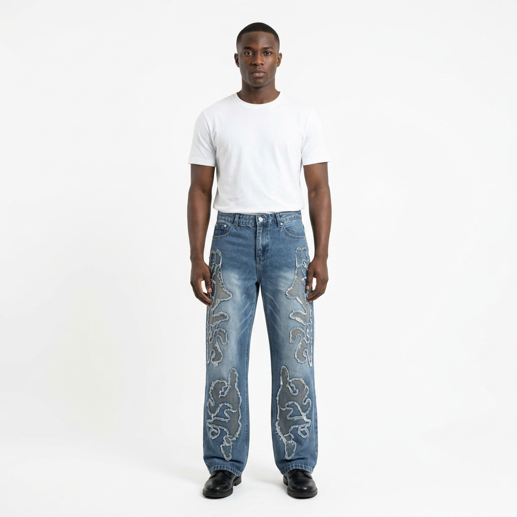 Full-body male model wearing blue abstract-appliqué wide-leg jeans