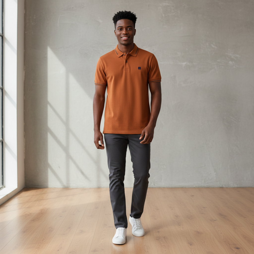 Young Nigerian male model wearing rust brown tipped collar polo shirt