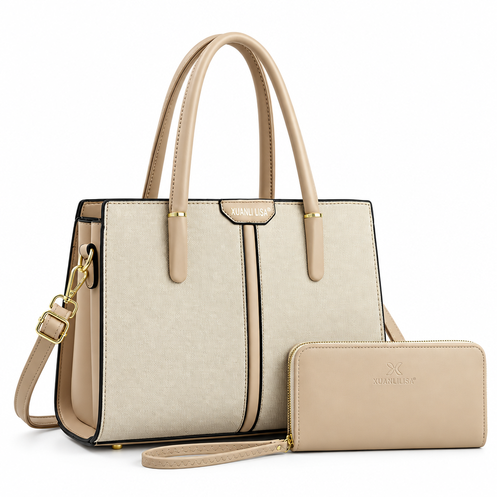 Khaki beige textured tote bag and matching wristlet wallet