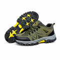 Olive lace-up hiking-style shoes with yellow accents and lugged soles