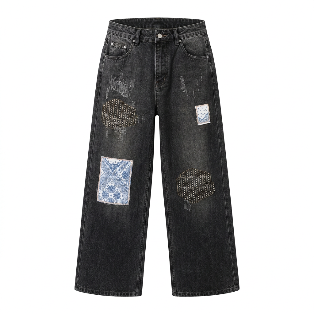 Charcoal wide-leg patchwork denim jeans shown in ghost mannequin style
