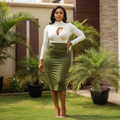 Nigerian female model wearing cream and olive green two-piece bodycon co-ord set