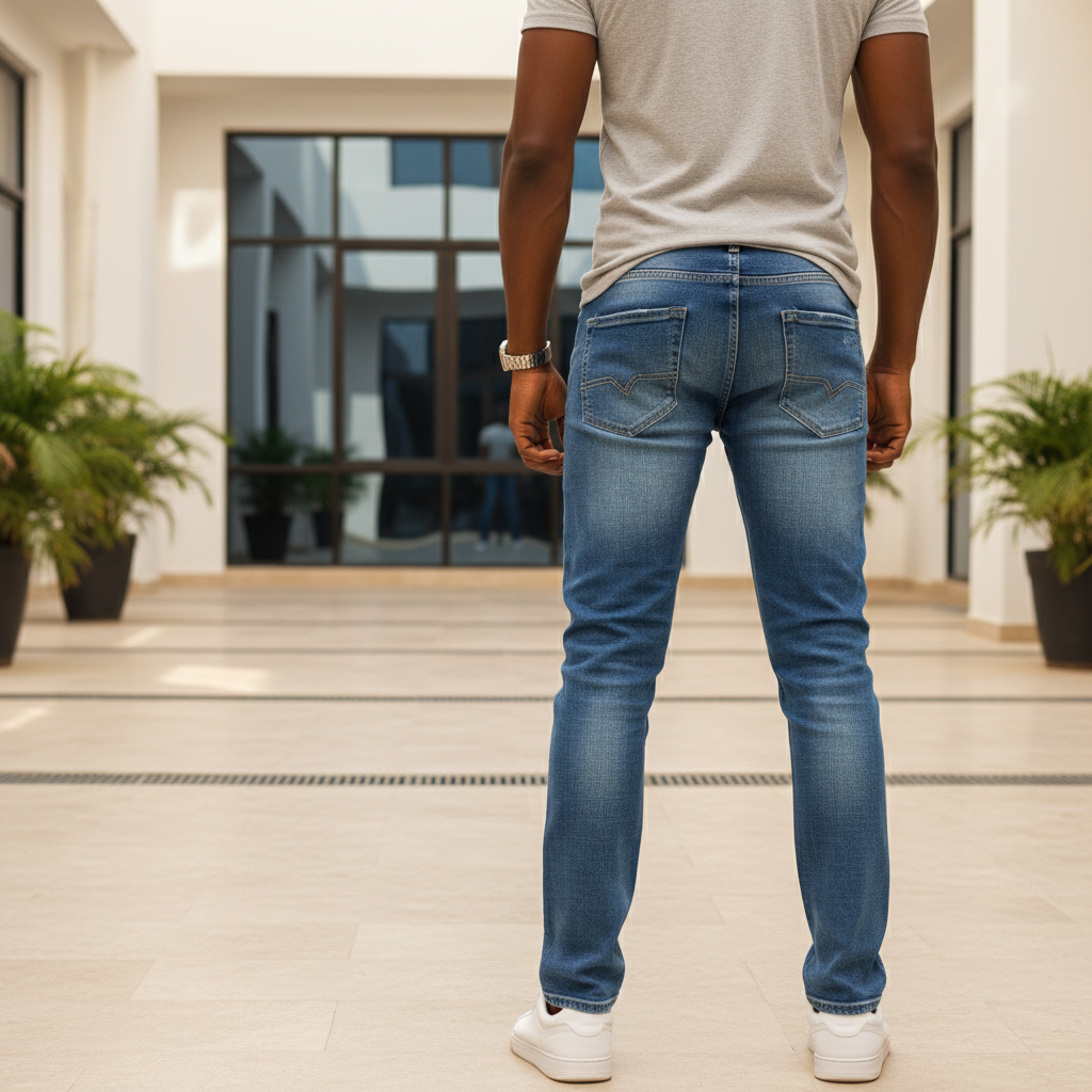 Nigerian model wearing blue distressed straight-leg jeans - back view