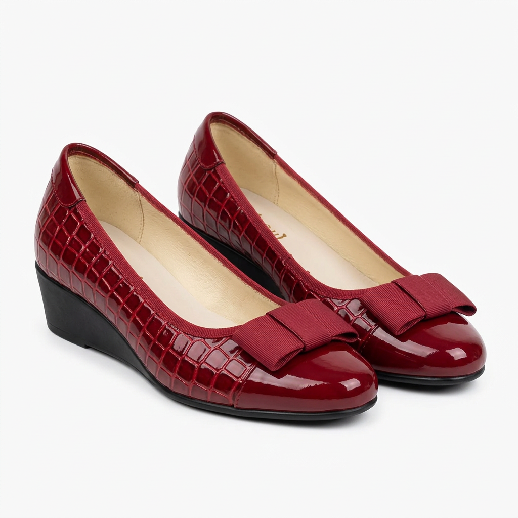 Matching red croc-embossed bow wedge shoes