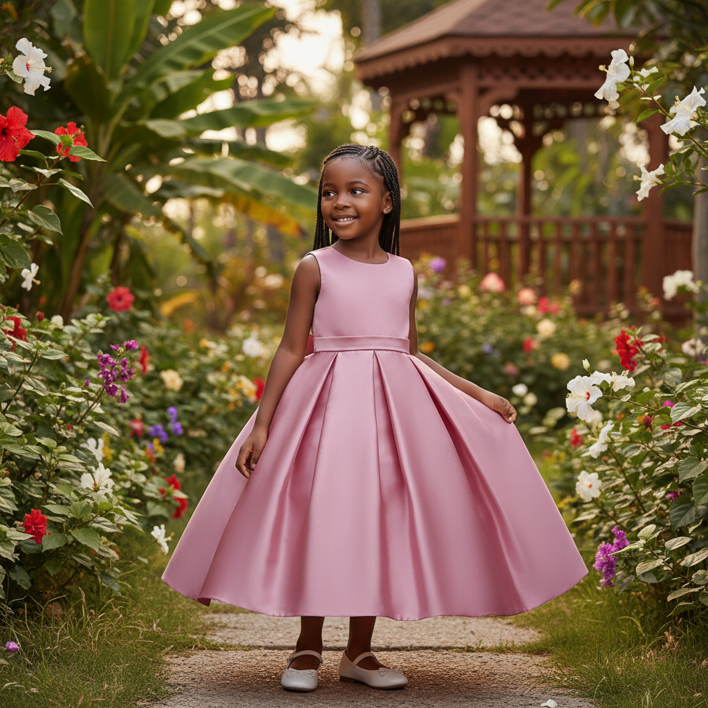 Young Nigerian girl wearing dusty rose satin bow ball gown