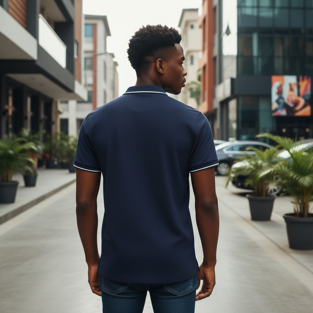 Young Nigerian male model wearing navy blue white tipped polo shirt, back view, Nigerian urban background