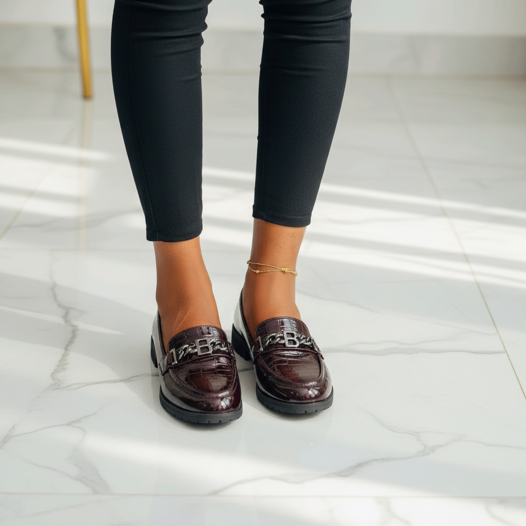 Layinka Store Wine Croc Patent Letter-Chain Loafers – Model Shot