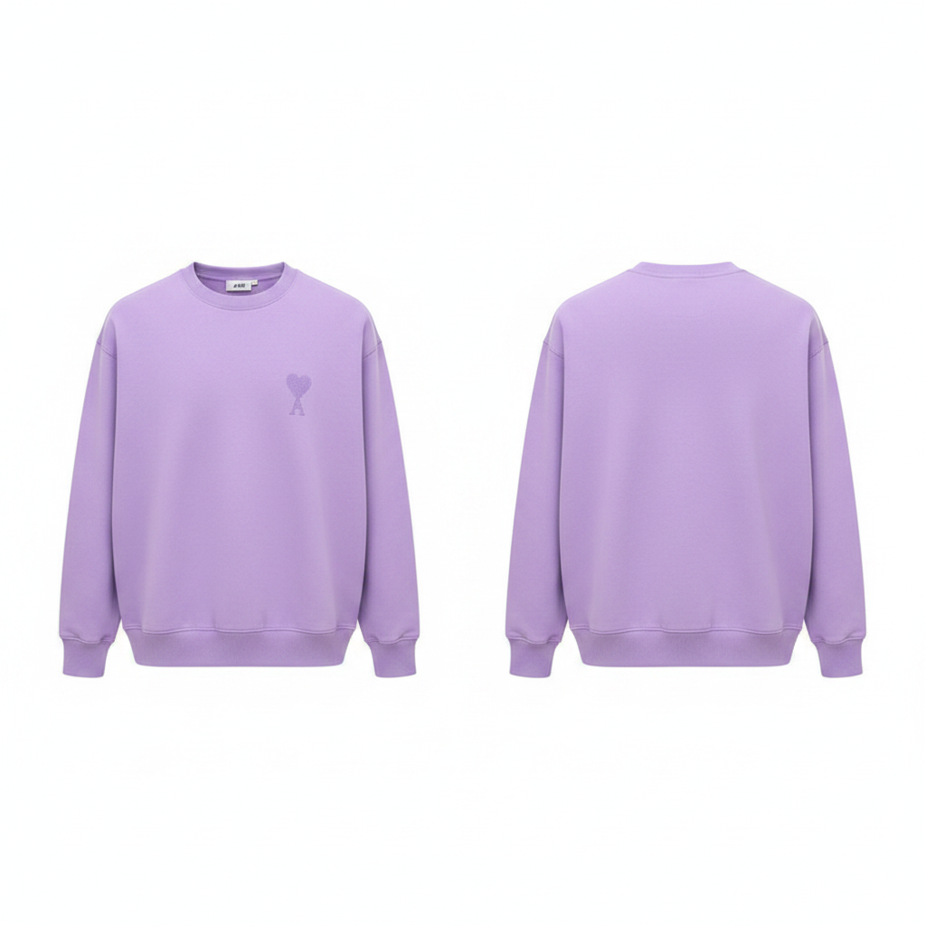 Men's lavender tonal heart logo crew neck sweatshirt ghost mannequin front and back view