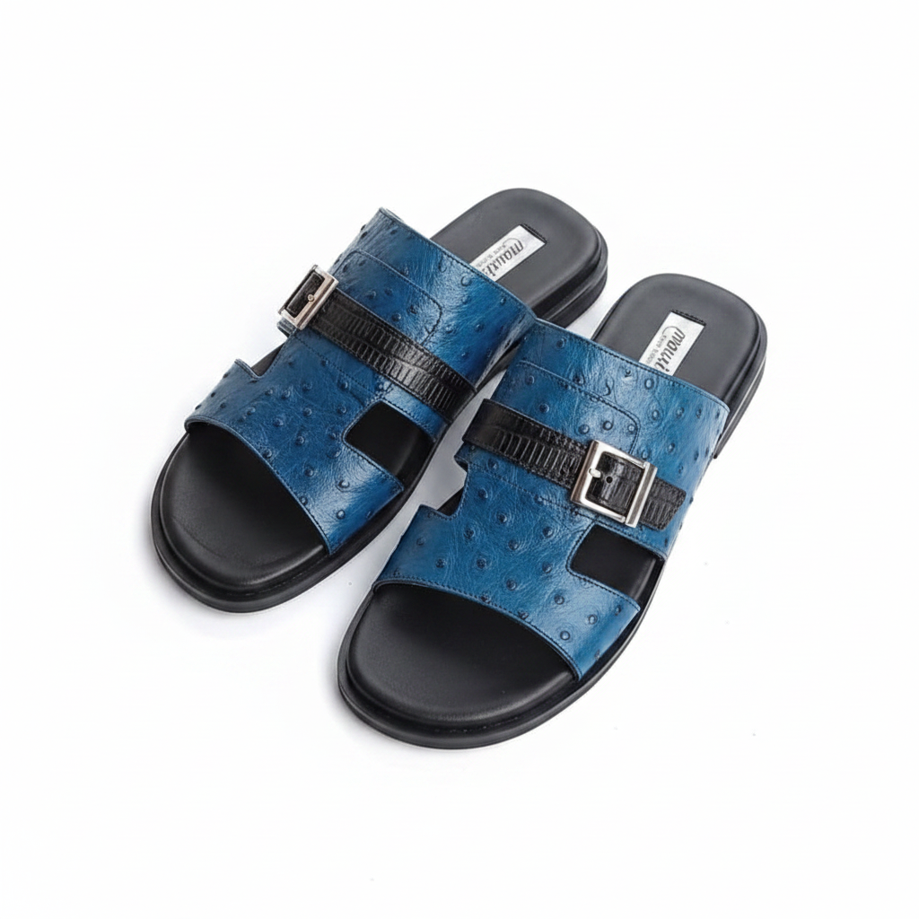 Men's cobalt blue ostrich H-strap leather flat slide sandals ghost mannequin pair view