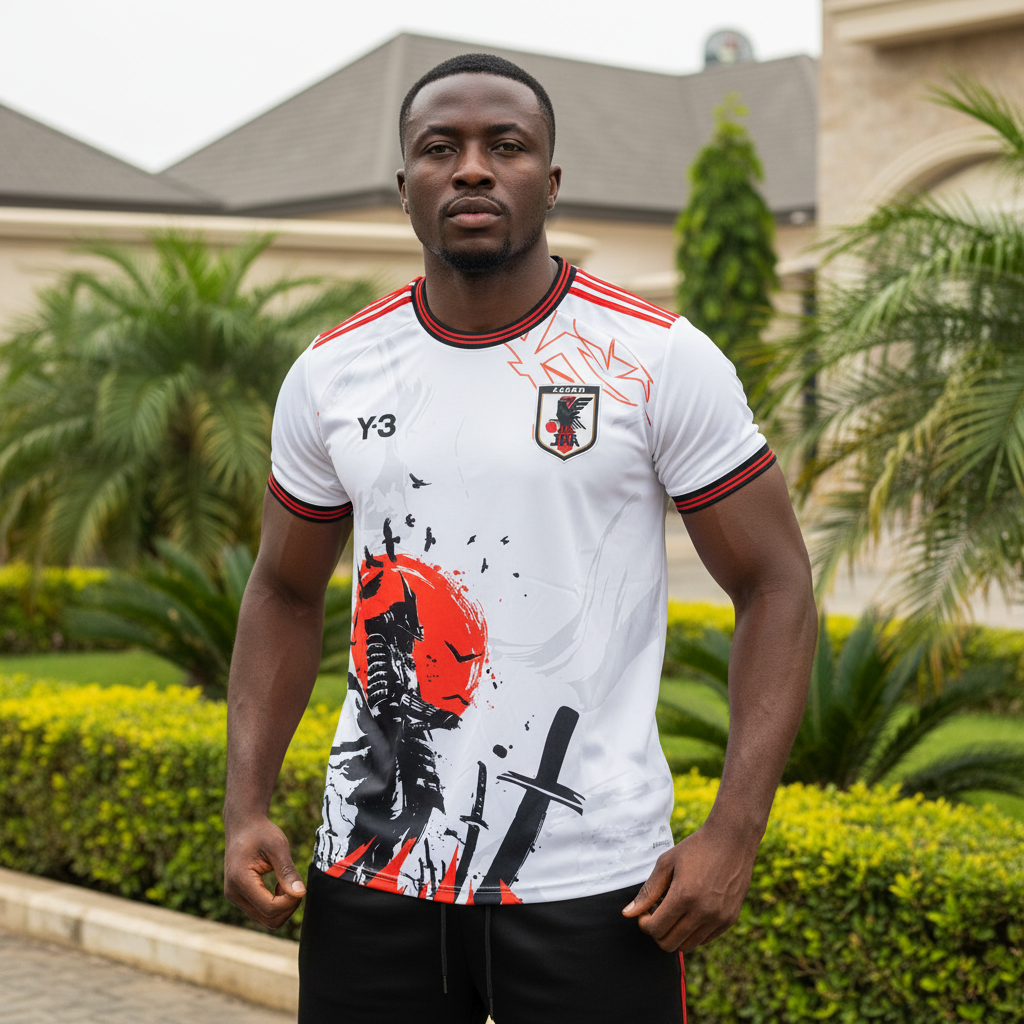 Nigerian male model wearing white ink-wash samurai football jersey front view