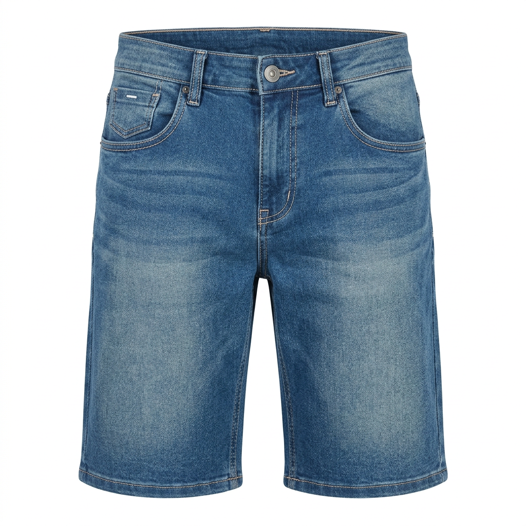 Blue faded straight-leg denim Bermuda shorts with front pockets and stitched hems