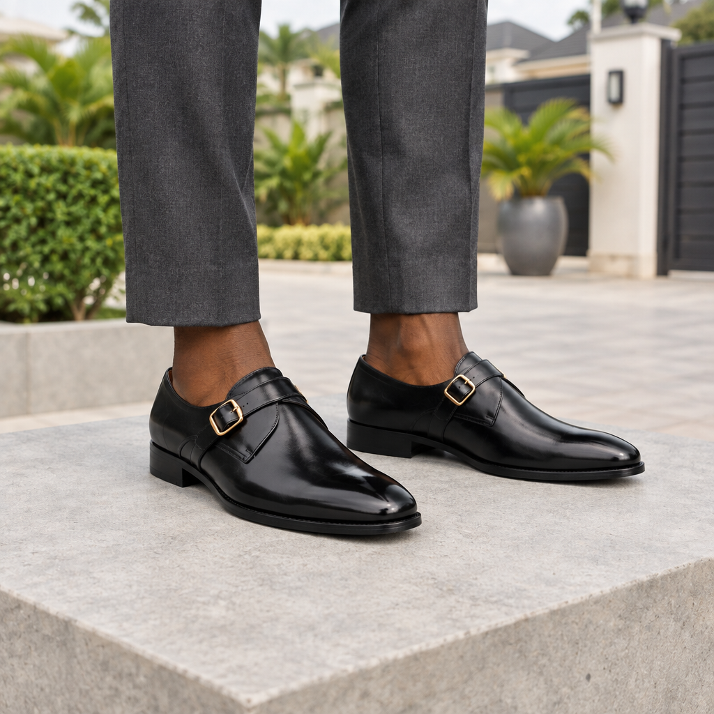 Man wearing black monk strap dress shoes with charcoal tailored trousers