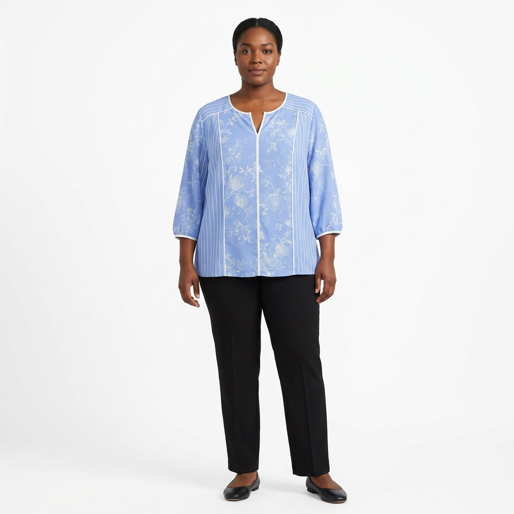 Full-body Black adult model wearing a blue floral and striped blouse