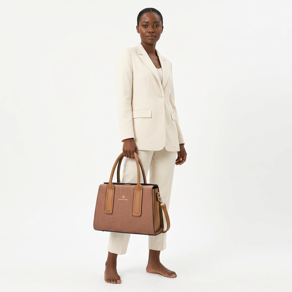 Woman in cream tailoring carrying one rose-brown handbag with tan twin handles