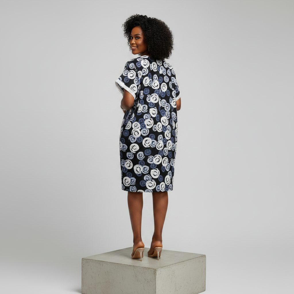 Black & White Swirl Circle Print 3/4 Bubu Gown - Model Back View