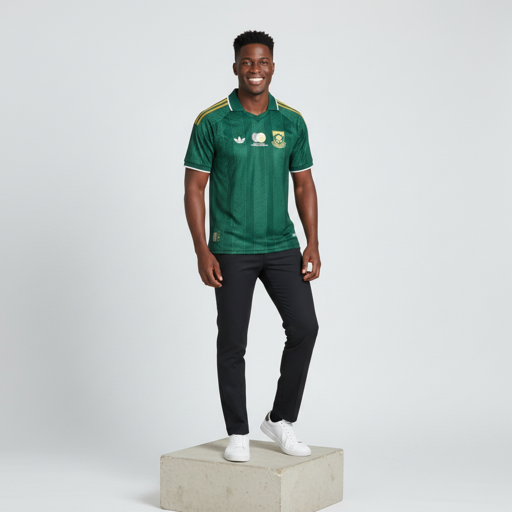 Nigerian male model wearing forest green jacquard retro polo football jersey on concrete plinth