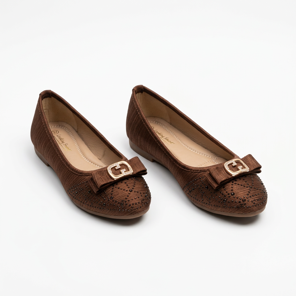 Complete pair of brown textured gold-buckle ballet flats without support rods