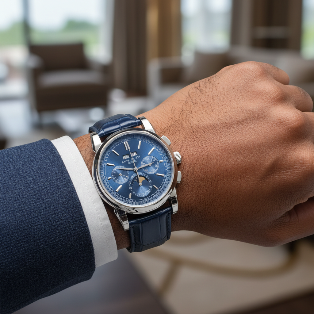 Men's silver steel chronograph royal blue dial moon phase watch worn on Nigerian male model wrist — blue leather strap lifestyle wrist shot