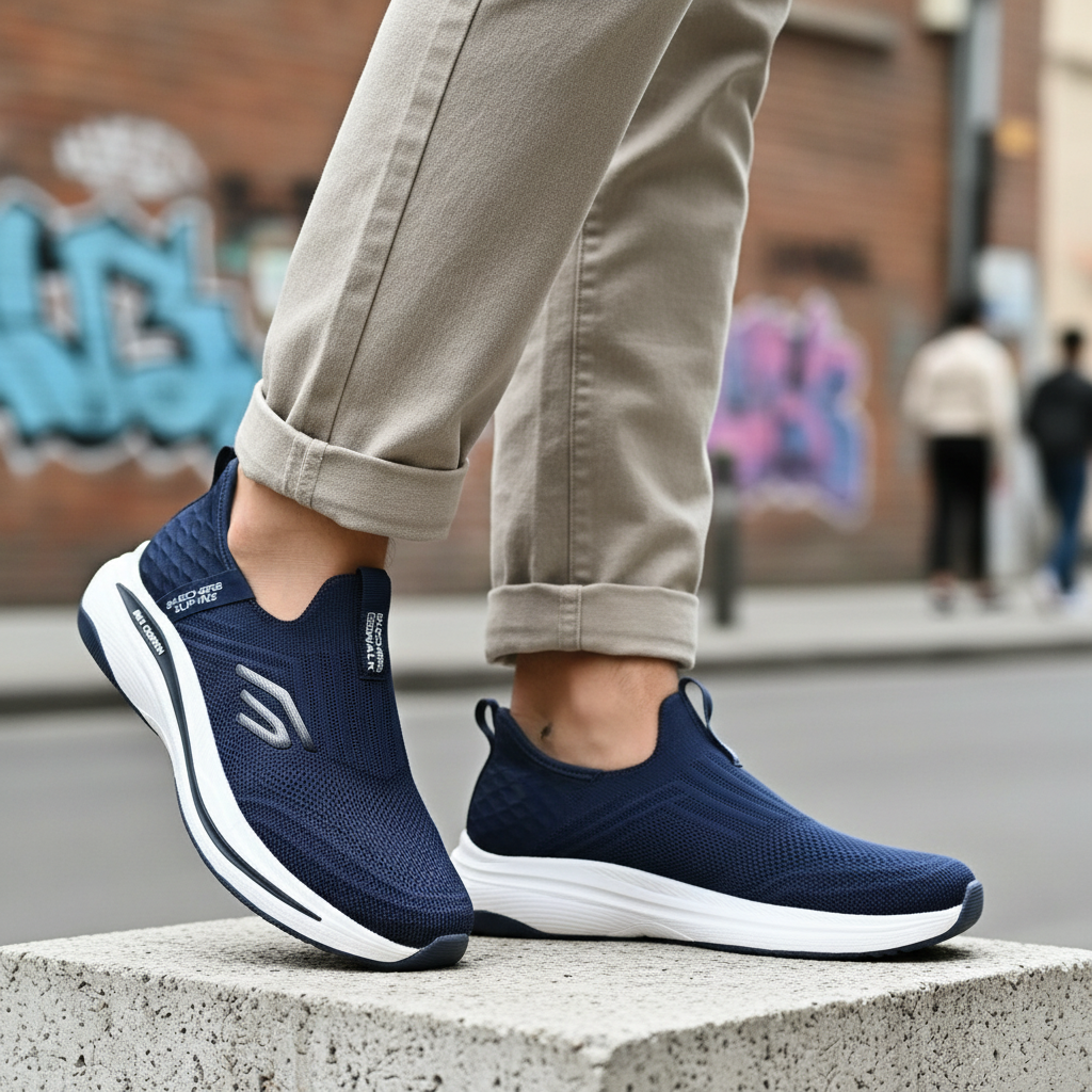 Model wearing navy blue knit laceless slip-on walking sneakers with chunky sole leg shot
