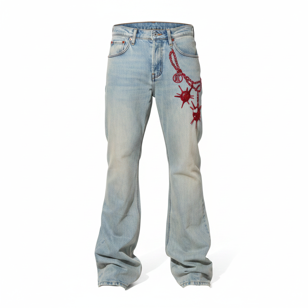 Men's light blue wide-leg flared jeans with red chain and medallion embroidery, ghost mannequin front view